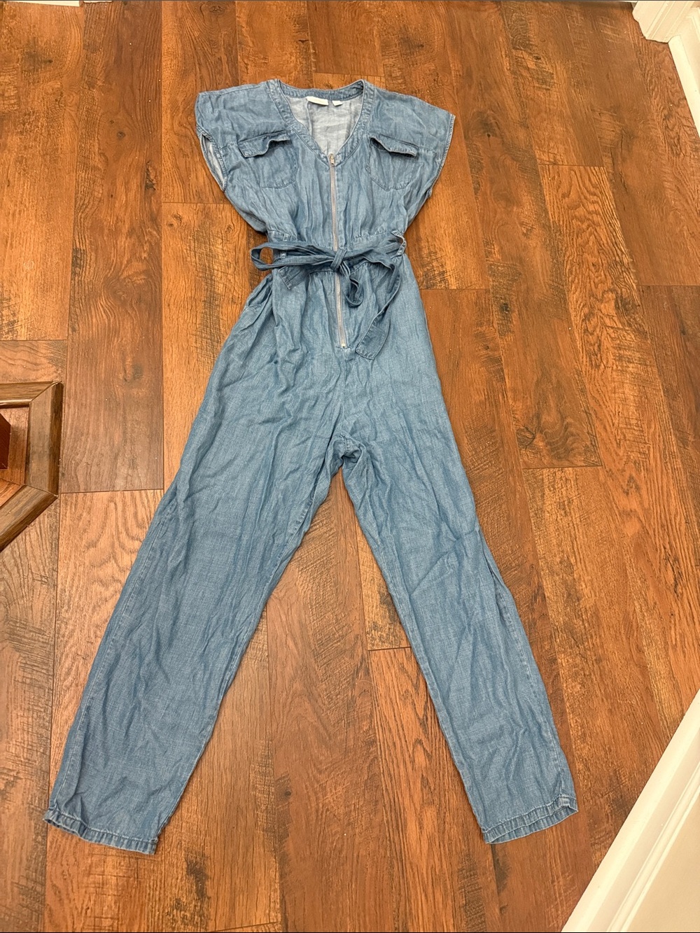 New York & Company Light Blue Denim Tie-Waist Jumpsuit